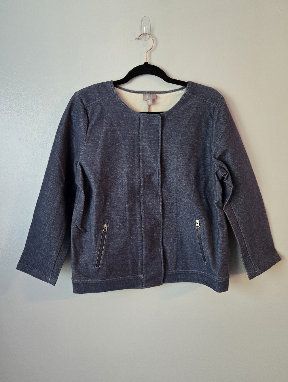 NWT J. Jill Faux Denim Knit Jacket Indigo Blue Stretch Snap Zip Pockets Medium